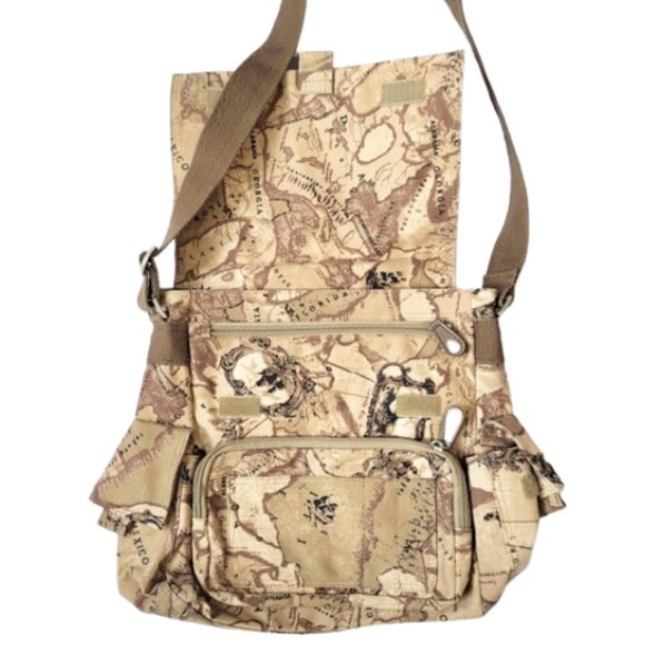 PRESTON & YORK Vintage 90's Brown & Tan Map Army Messenger Travel Tote Bag - Picture 3 of 9